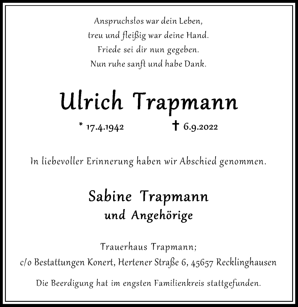  Traueranzeige für Ulrich Trapmann vom 24.09.2022 aus Medienhaus Bauer