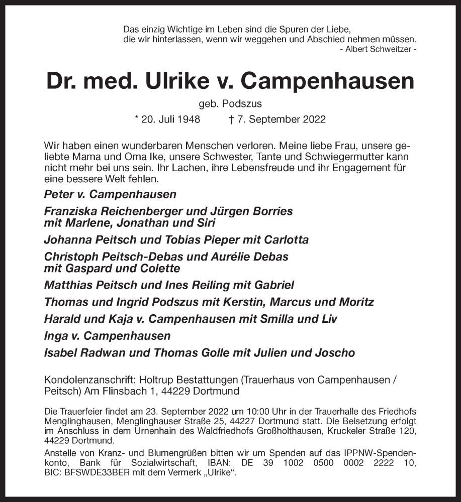  Traueranzeige für Ulrike von Campenhausen vom 17.09.2022 aus 