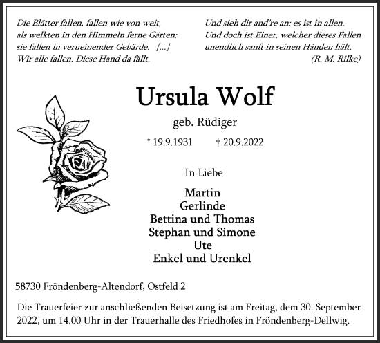 Traueranzeige von Ursula Wolf von Hellweger Anzeiger