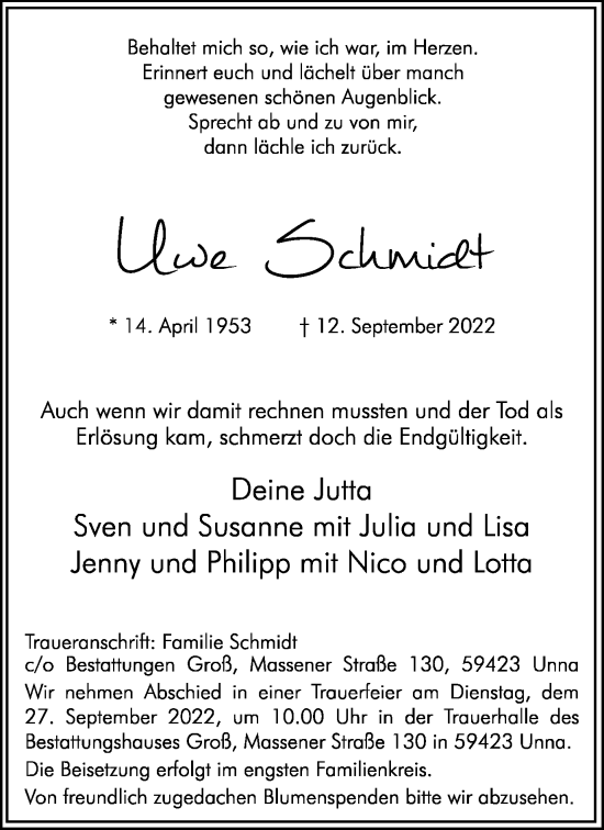 Traueranzeige von Uwe Schmidt von Hellweger Anzeiger