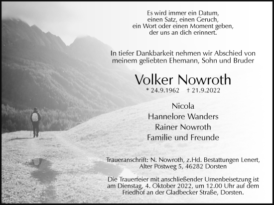 Traueranzeige von Volker Nowroth von Ruhr Nachrichten und Dorstener Zeitung