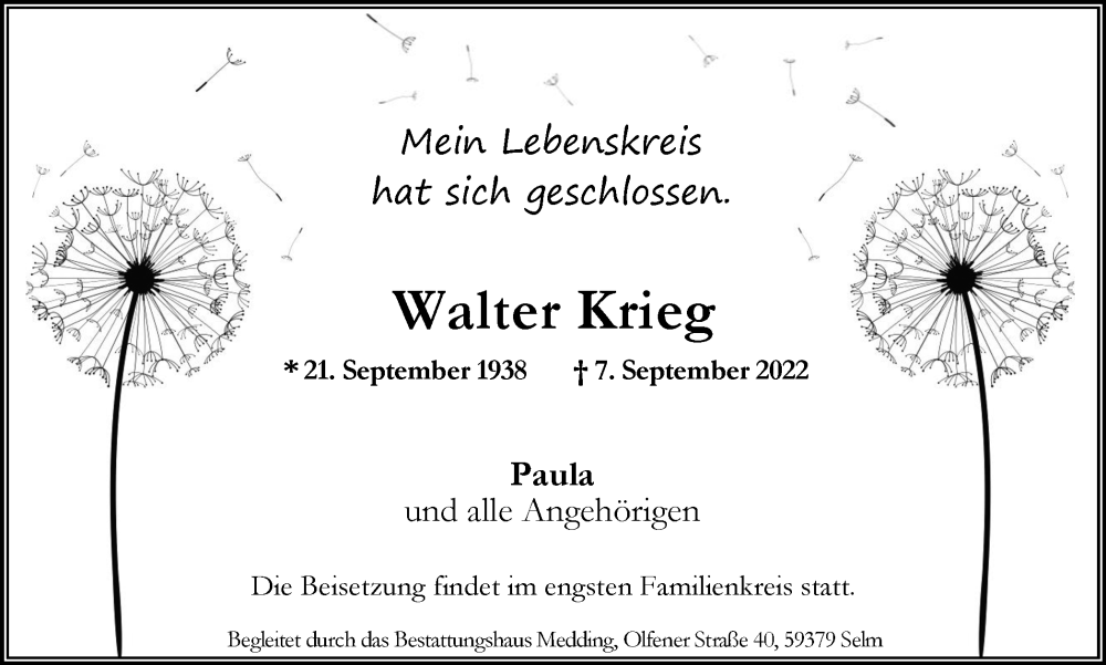  Traueranzeige für Walter Krieg vom 17.09.2022 aus Ruhr Nachrichten