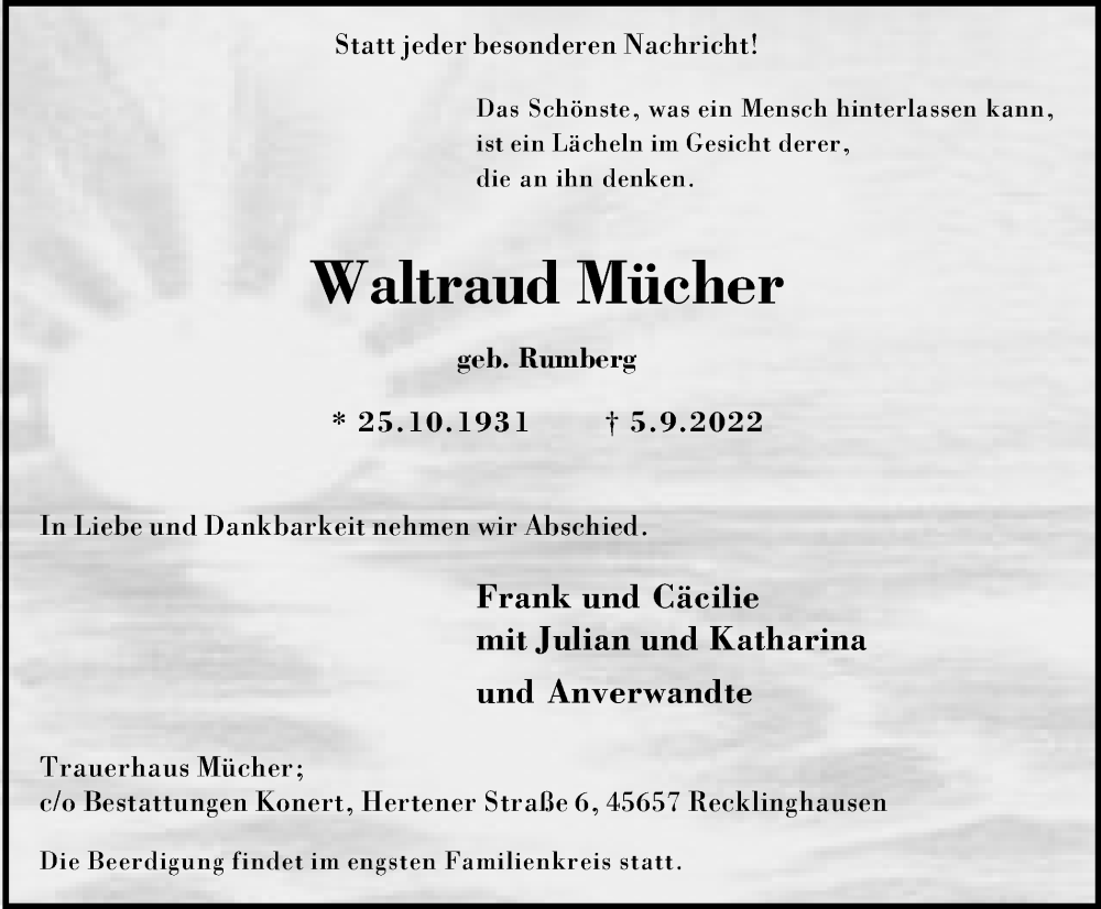  Traueranzeige für Waltraud Mücher vom 10.09.2022 aus Medienhaus Bauer