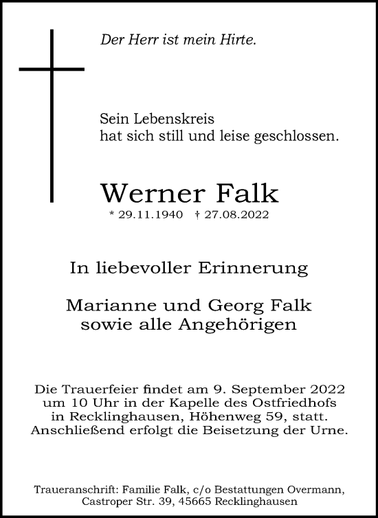 Traueranzeige von Werner Falk von Medienhaus Bauer