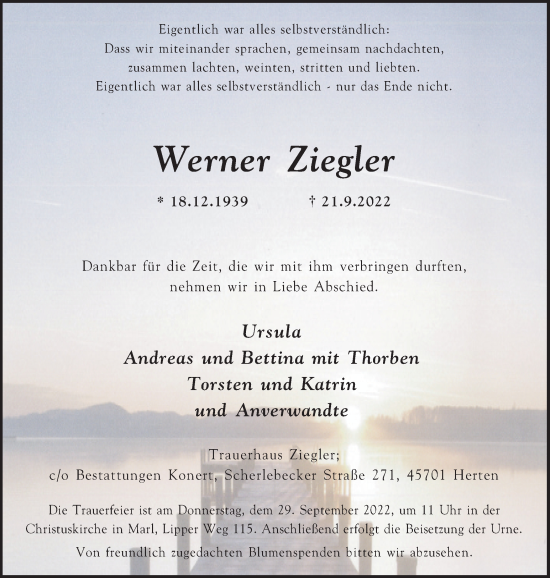 Traueranzeige von Werner Ziegler von Medienhaus Bauer