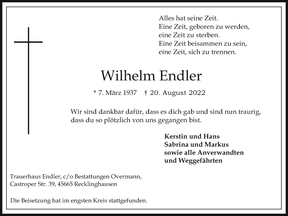  Traueranzeige für Wilhelm Endler vom 03.09.2022 aus Medienhaus Bauer