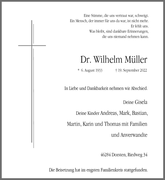 Traueranzeige von Wilhelm Müller von Ruhr Nachrichten und Dorstener Zeitung