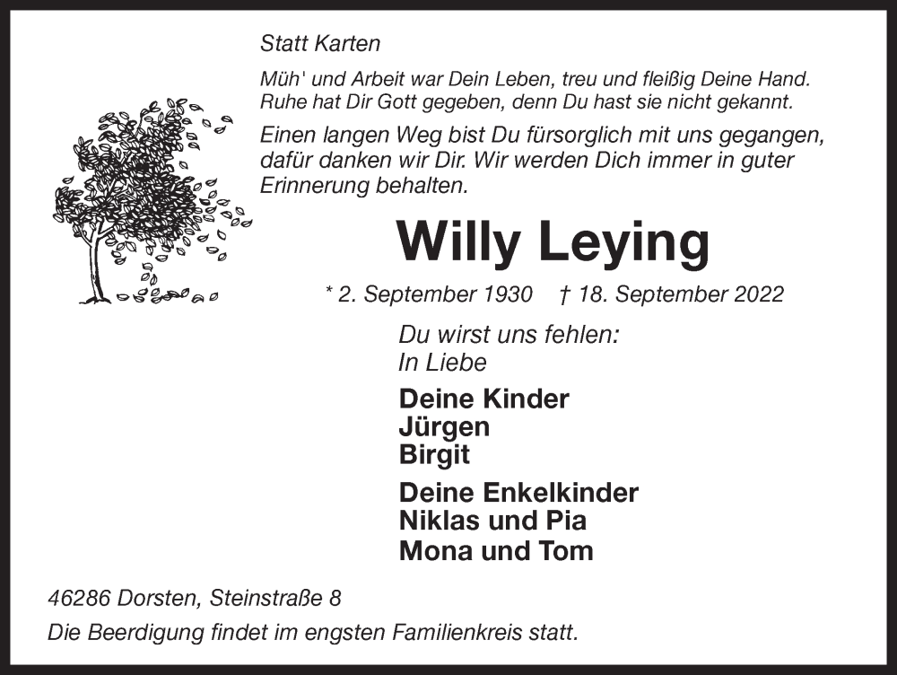  Traueranzeige für Willy Leying vom 22.09.2022 aus Ruhr Nachrichten und Dorstener Zeitung