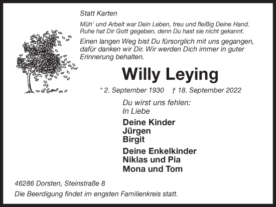 Traueranzeige von Willy Leying von Ruhr Nachrichten und Dorstener Zeitung