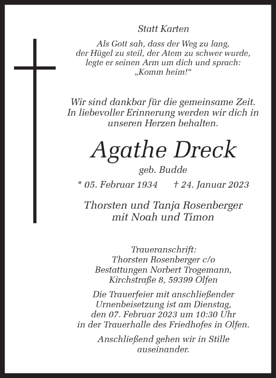 Traueranzeige von Agathe Dreck von Ruhr Nachrichten
