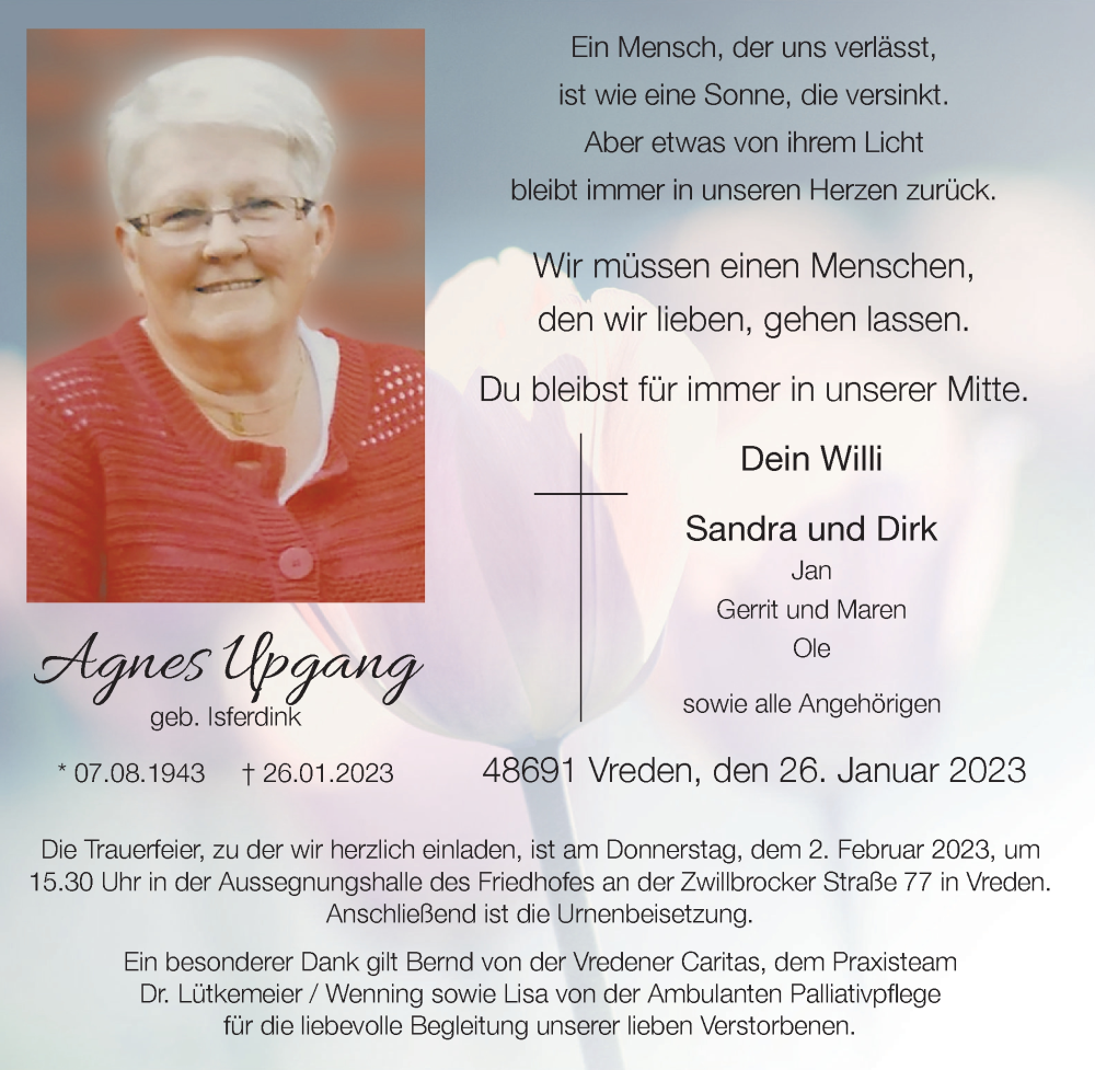  Traueranzeige für Agnes Upgang vom 31.01.2023 aus Münstersche Zeitung und Münsterland Zeitung