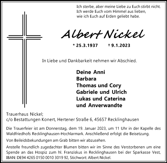 Traueranzeige von Albert Nickel von Medienhaus Bauer