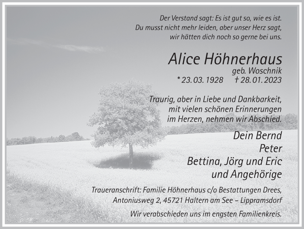  Traueranzeige für Alice Höhnerhaus vom 31.01.2023 aus Ruhr Nachrichten und Halterner Zeitung