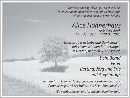 Traueranzeige von Alice Höhnerhaus von Ruhr Nachrichten und Halterner Zeitung
