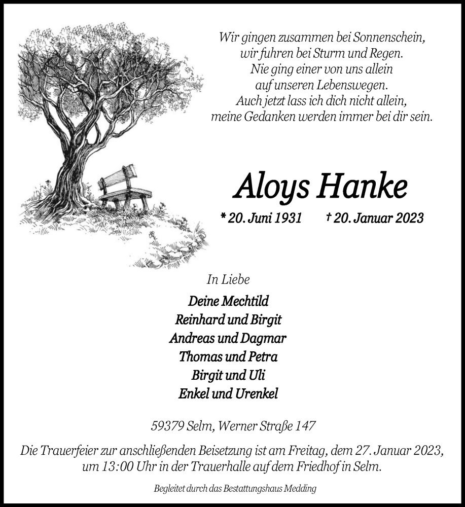  Traueranzeige für Aloys Hanke vom 24.01.2023 aus Ruhr Nachrichten