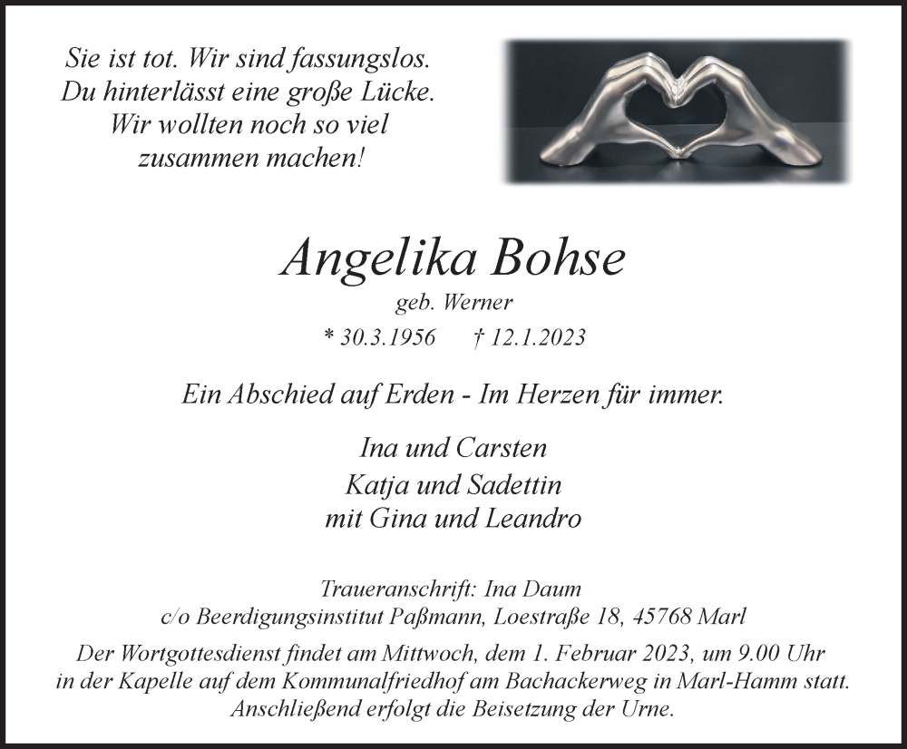  Traueranzeige für Angelika Bohse vom 21.01.2023 aus Medienhaus Bauer