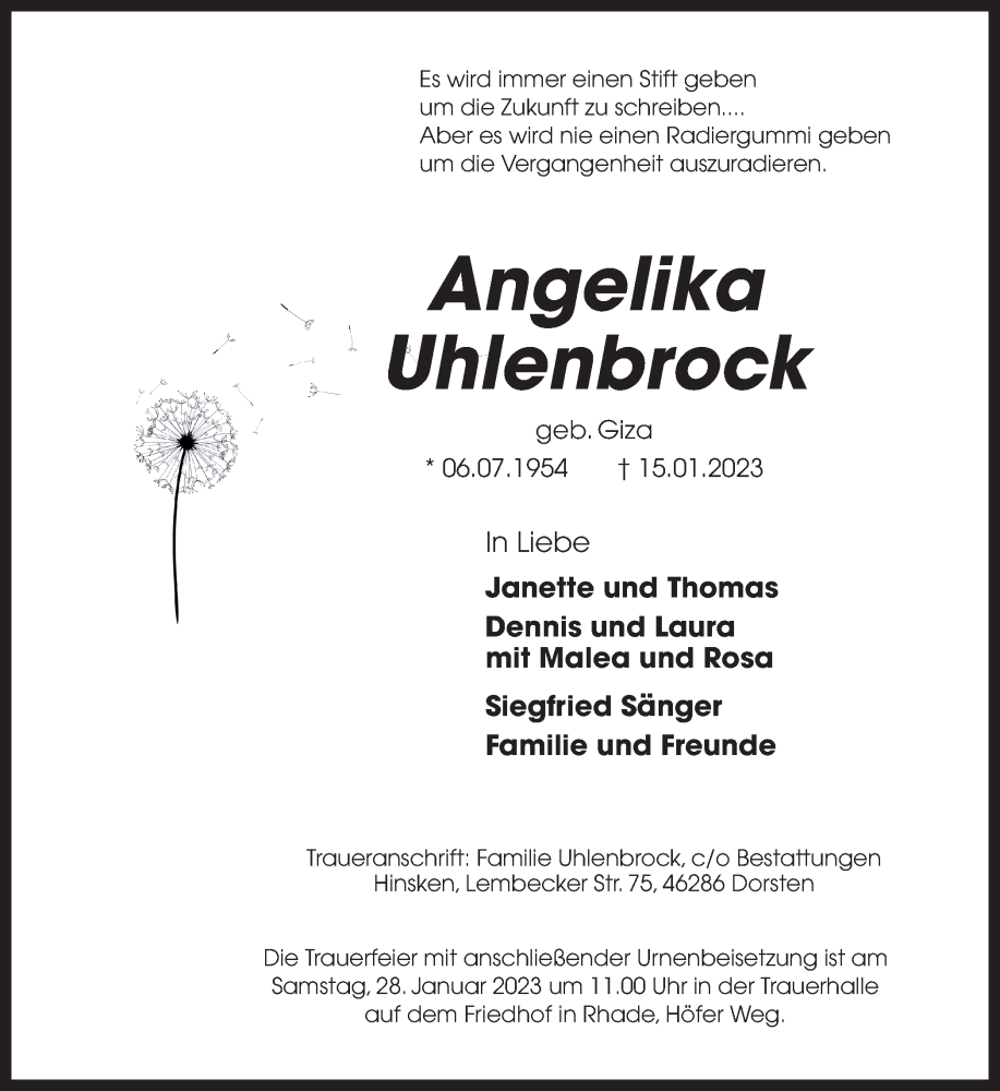  Traueranzeige für Angelika Uhlenbrock vom 21.01.2023 aus Ruhr Nachrichten und Dorstener Zeitung