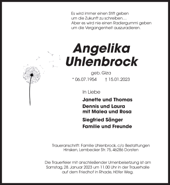Traueranzeige von Angelika Uhlenbrock von Ruhr Nachrichten und Dorstener Zeitung