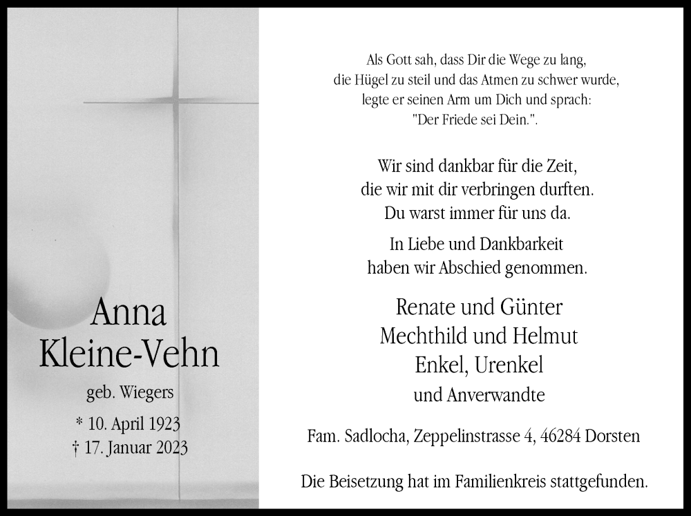  Traueranzeige für Anna Kleine-Vehn vom 27.01.2023 aus Ruhr Nachrichten und Dorstener Zeitung