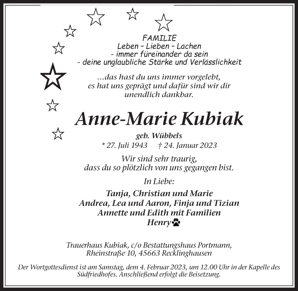 Traueranzeige für Anne-Marie Kubiak vom 28.01.2023 aus Medienhaus Bauer