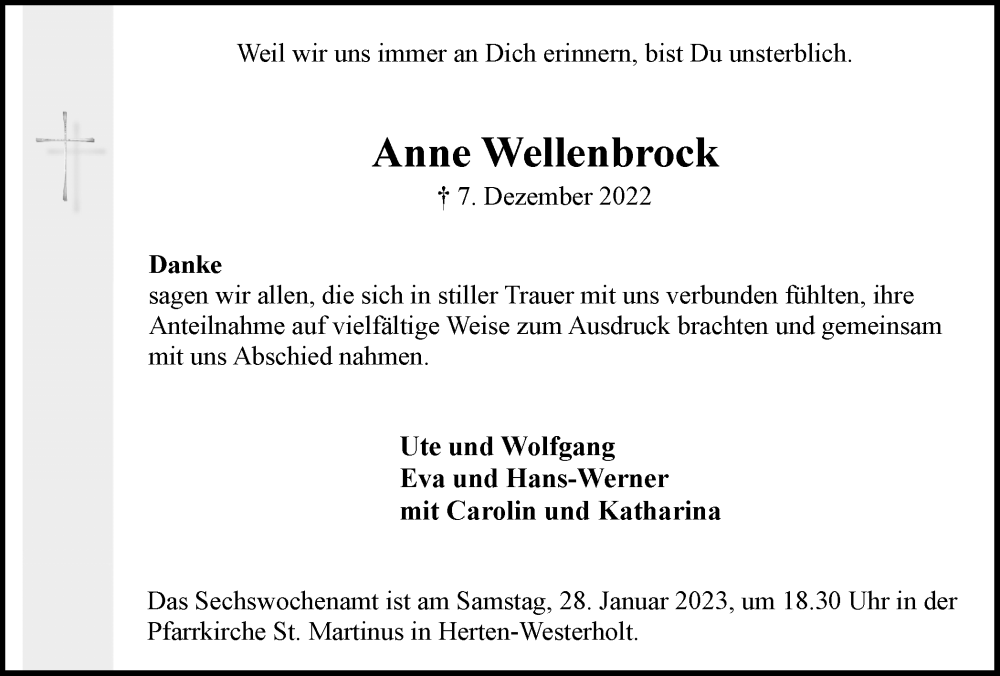  Traueranzeige für Anne Wellenbrock vom 25.01.2023 aus Medienhaus Bauer