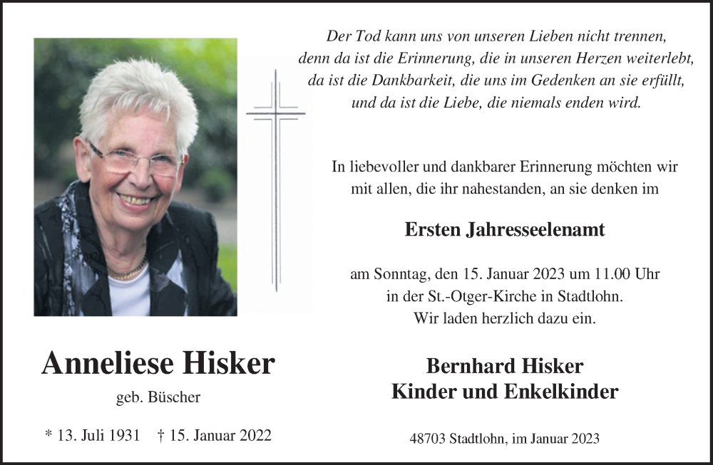 Traueranzeige für Anneliese Hisker vom 11.01.2023 aus Münstersche Zeitung und Münsterland Zeitung