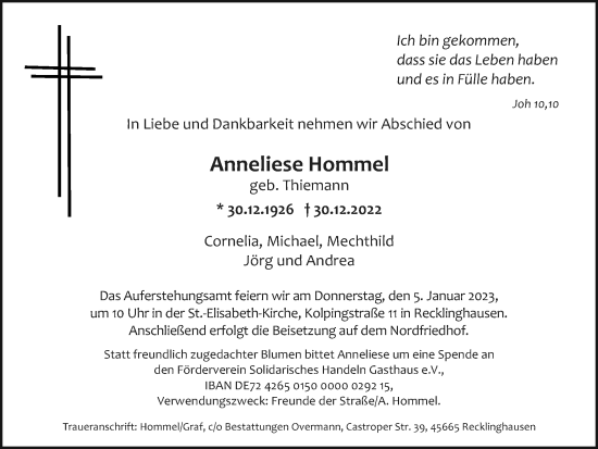 Traueranzeige von Anneliese Hommel von Medienhaus Bauer