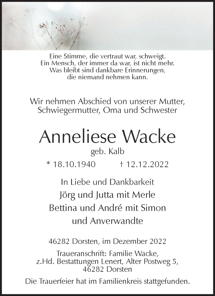  Traueranzeige für Anneliese Wacke vom 12.01.2023 aus Ruhr Nachrichten und Dorstener Zeitung