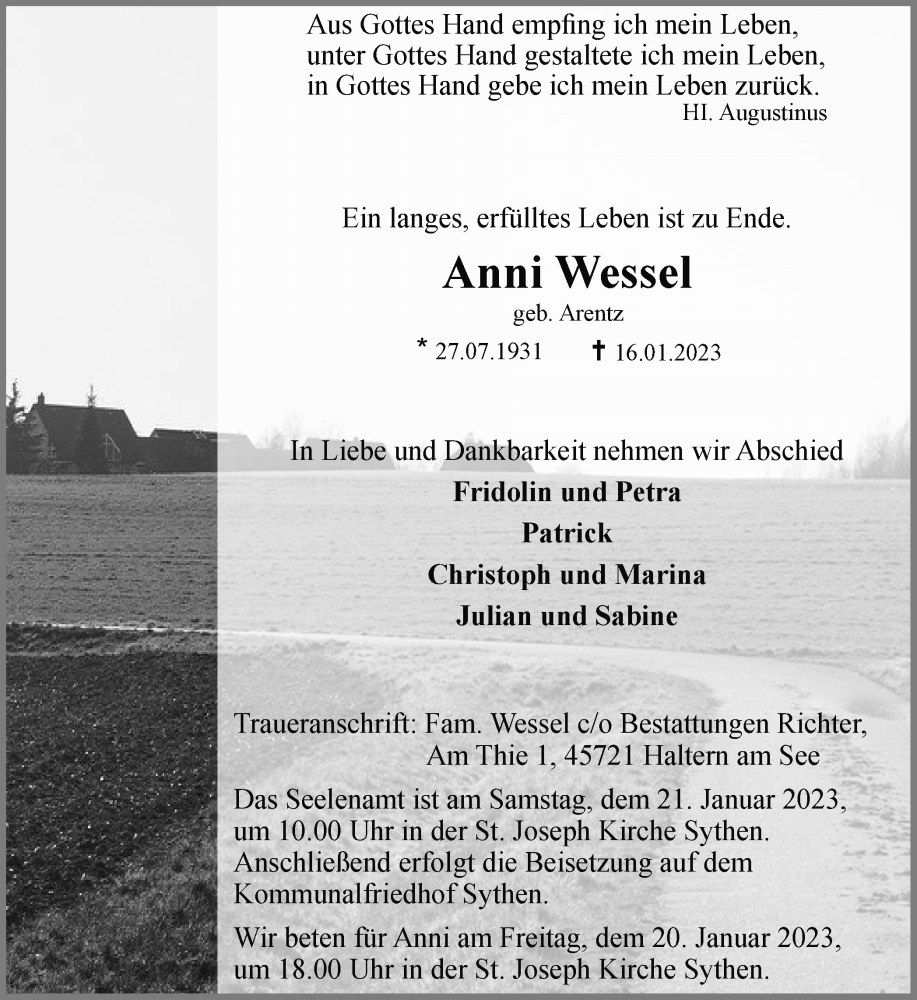  Traueranzeige für Anni Wessel vom 18.01.2023 aus Ruhr Nachrichten und Halterner Zeitung