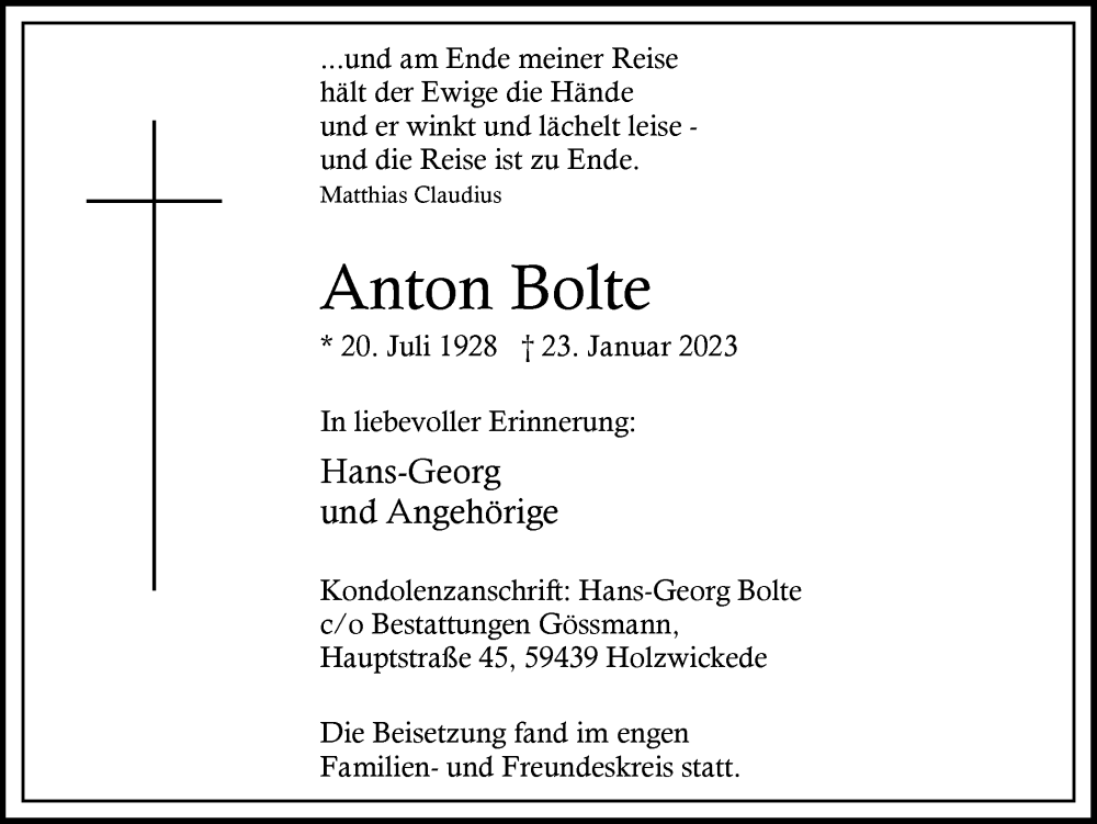  Traueranzeige für Anton Bolte vom 28.01.2023 aus Hellweger Anzeiger