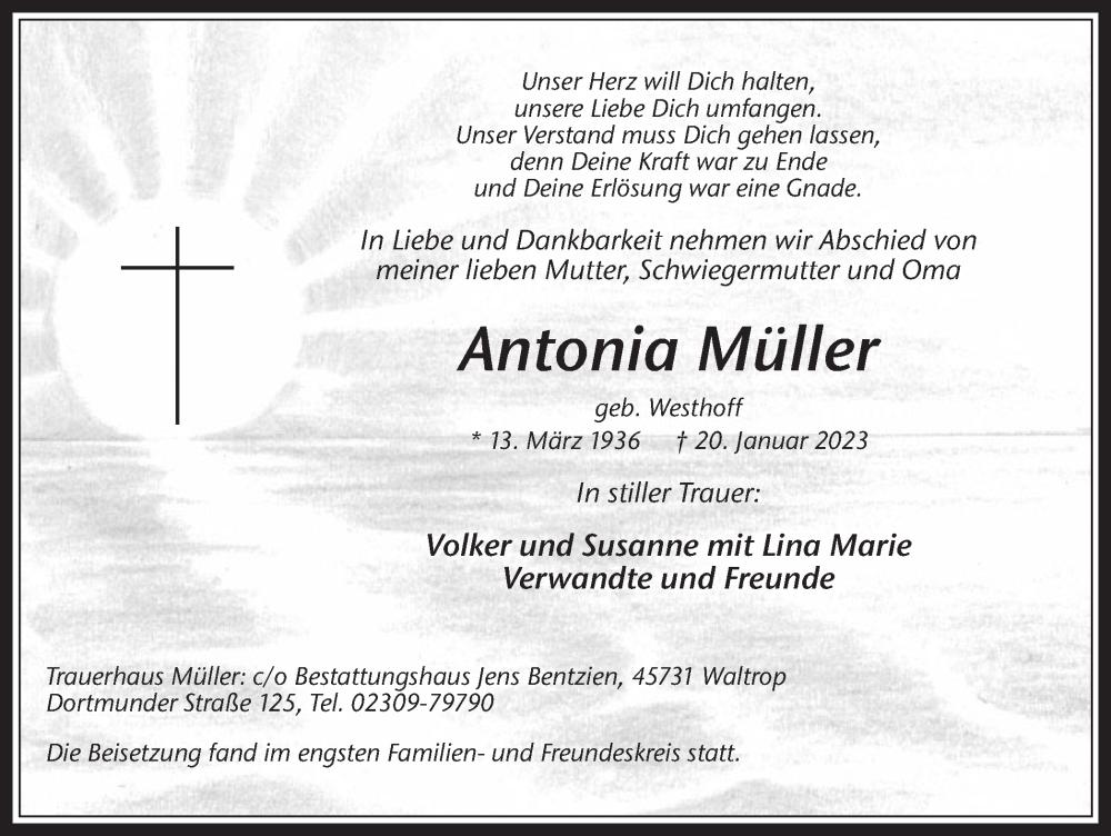  Traueranzeige für Antonia Müller vom 28.01.2023 aus Medienhaus Bauer
