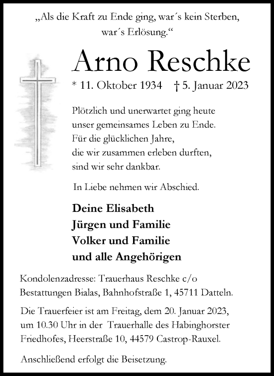 Traueranzeige von Arno Reschke von Medienhaus Bauer
