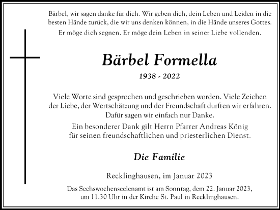 Traueranzeige von Bärbel Formella von Medienhaus Bauer