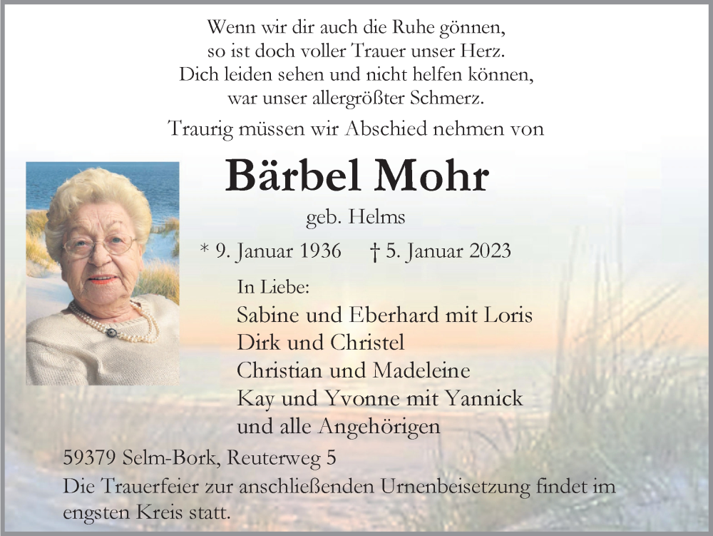  Traueranzeige für Bärbel Mohr vom 11.01.2023 aus Ruhr Nachrichten