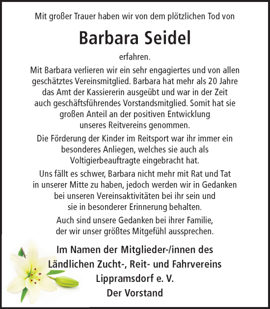 Traueranzeige von Barbara Seidel von Ruhr Nachrichten und Halterner Zeitung