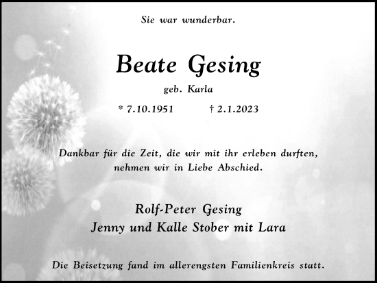 Traueranzeige von Beate Gesing von Medienhaus Bauer