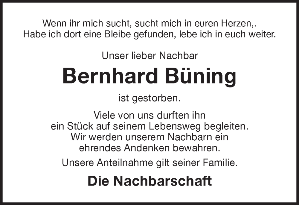  Traueranzeige für Bernhard Büning vom 27.01.2023 aus Münstersche Zeitung und Münsterland Zeitung