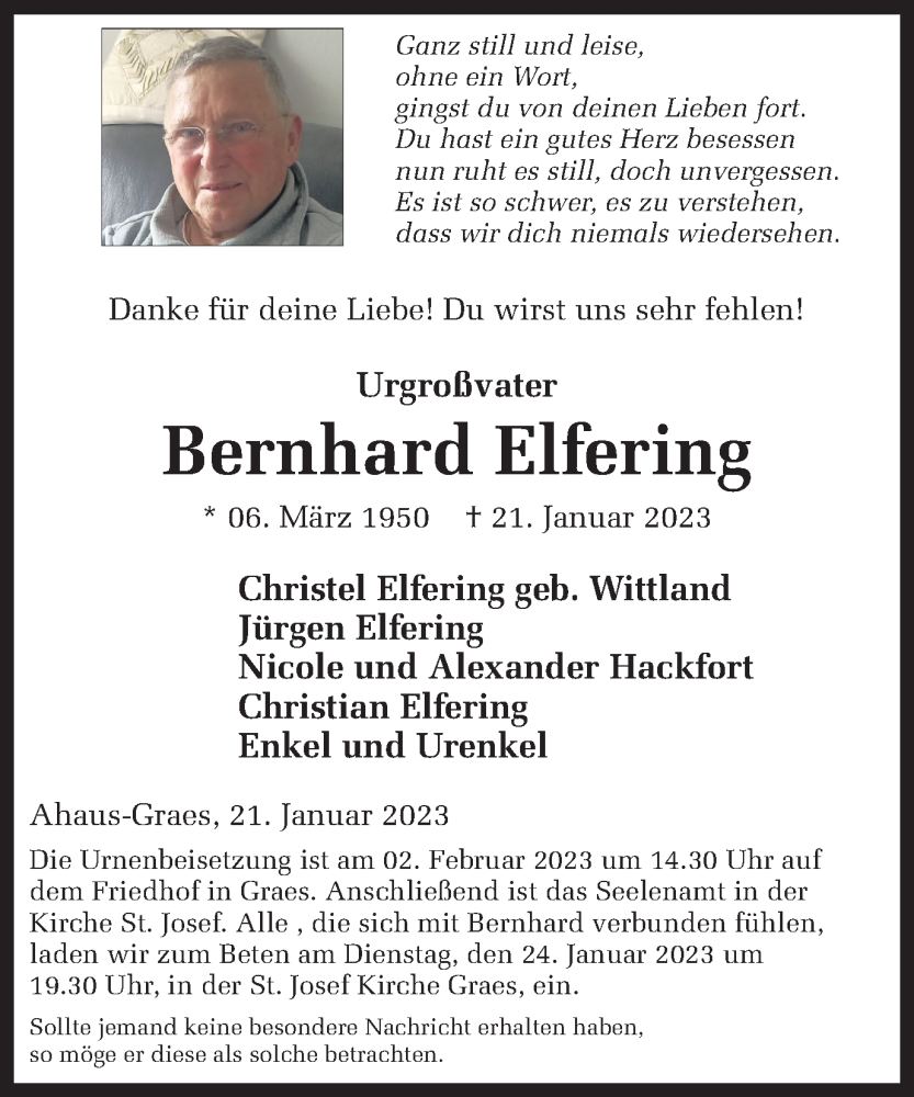  Traueranzeige für Bernhard Elfering vom 24.01.2023 aus Münstersche Zeitung und Münsterland Zeitung