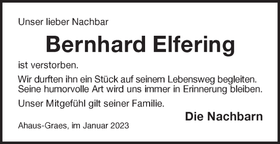 Traueranzeige von Bernhard Elfering von Münstersche Zeitung und Münsterland Zeitung