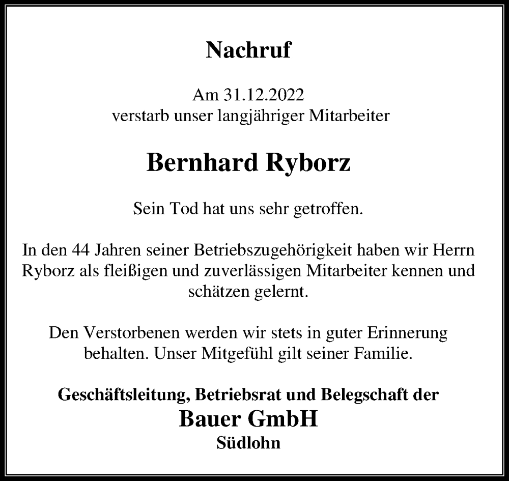  Traueranzeige für Bernhard Ryborz vom 27.01.2023 aus Münstersche Zeitung und Münsterland Zeitung