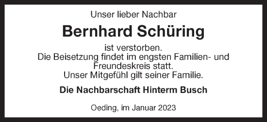 Traueranzeige von Bernhard Schüring von Münstersche Zeitung und Münsterland Zeitung