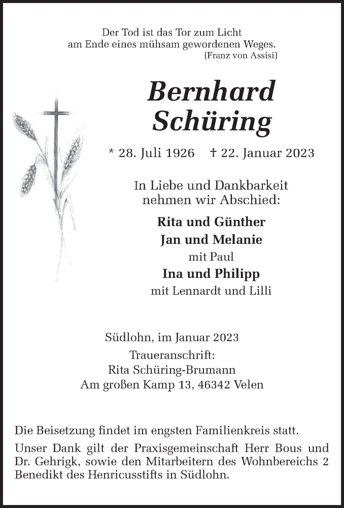  Traueranzeige für Bernhard Schüring vom 25.01.2023 aus Münstersche Zeitung und Münsterland Zeitung