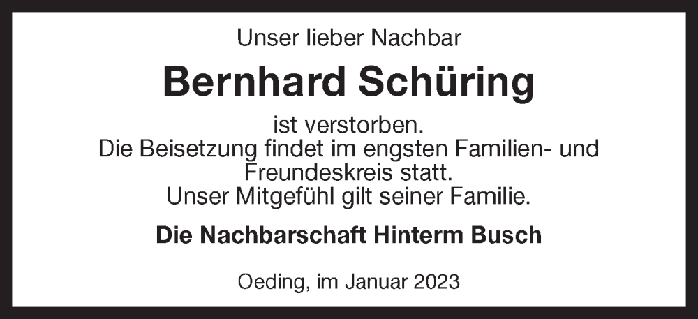  Traueranzeige für Bernhard Schüring vom 26.01.2023 aus Münstersche Zeitung und Münsterland Zeitung