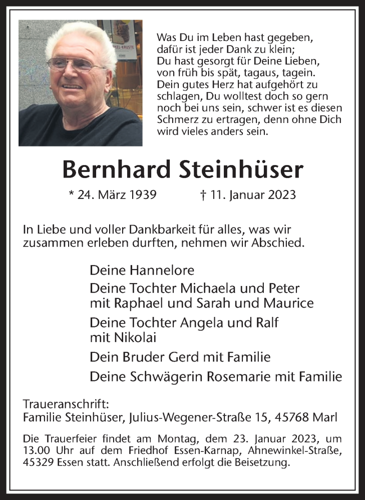  Traueranzeige für Bernhard Steinhüser vom 21.01.2023 aus Medienhaus Bauer