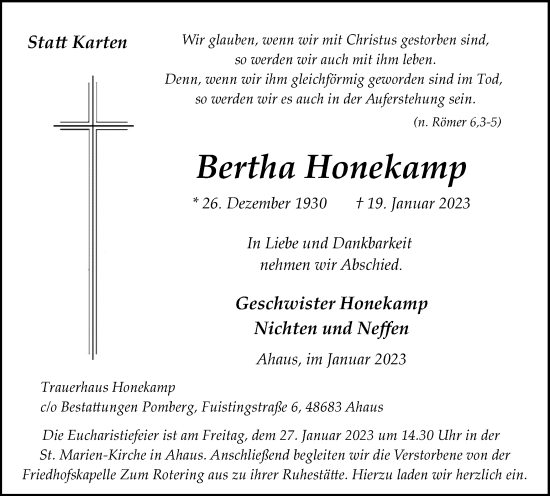 Traueranzeige von Bertha Honekamp von Münstersche Zeitung und Münsterland Zeitung