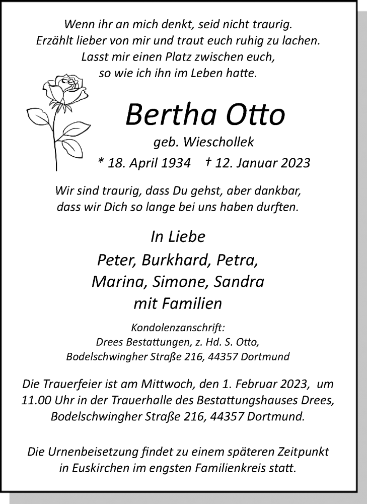  Traueranzeige für Bertha Otto vom 28.01.2023 aus 