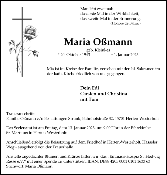 Traueranzeige von Bestattungen Oßmann von Medienhaus Bauer