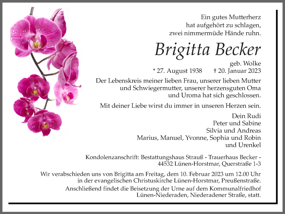  Traueranzeige für Brigitta Becker vom 28.01.2023 aus Ruhr Nachrichten