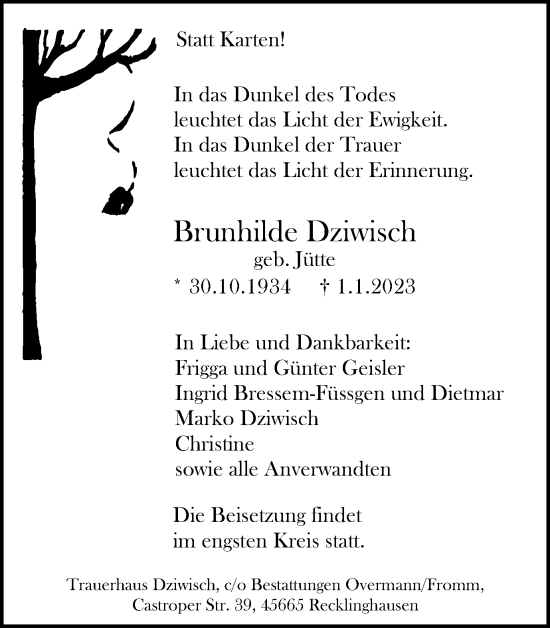 Traueranzeige von Brunhilde Dziwisch von Medienhaus Bauer