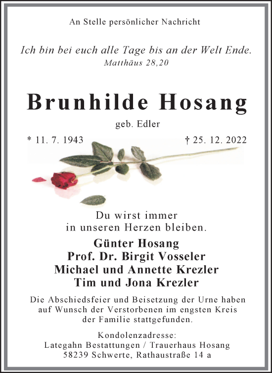Traueranzeige von Brunhilde Hosang von Ruhr Nachrichten